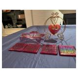 Glass Pink Bowl (minor imperfections), Glass Hanging Heart Ornament and Four Glass Coasters
