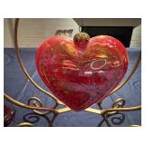 Glass Pink Bowl (minor imperfections), Glass Hanging Heart Ornament and Four Glass Coasters
