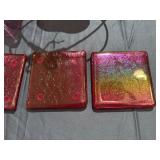 Glass Pink Bowl (minor imperfections), Glass Hanging Heart Ornament and Four Glass Coasters