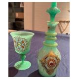 Glass Enameled Decanter with Matching Cup (small chips in cup)