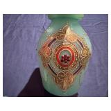 Glass Enameled Decanter with Matching Cup (small chips in cup)