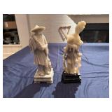 Asian Stone Carved Fisherman and Stone Carved Asian Lady with Fan