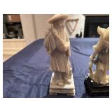 Asian Stone Carved Fisherman and Stone Carved Asian Lady with Fan