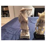 Asian Stone Carved Fisherman and Stone Carved Asian Lady with Fan