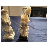 Asian Stone Carved Fisherman and Stone Carved Asian Lady with Fan