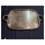 Vintage Silver-Plated Serving Tray with Ornate Handles and Scroll Work