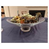 Vintage Sets of Green Carved Jade or Serpentine Stone Grapes with Glass Dish