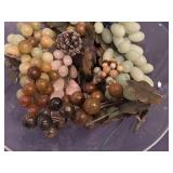 Vintage Sets of Green Carved Jade or Serpentine Stone Grapes with Glass Dish
