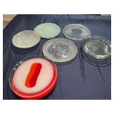 Decorative Glass and Frosted Glass Plates and Three Glass Pie Dishes