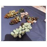 Vintage Sets of Green Carved Jade or Serpentine Stone Grapes with Glass Dish