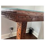 Vintage Chinese Carved Wooden Hexagonal Pedestal Table with Glass Topper (28.5" Tall x 24" Wide)