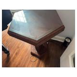 Vintage Chinese Carved Wooden Hexagonal Pedestal Table with Glass Topper (28.5" Tall x 24" Wide)