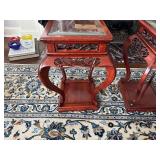 Vintage Chinese Wooden Side Table with Ornate Carved Details, Curved Legs and a Glass Inlay 1980