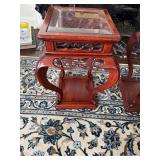 Vintage Chinese Wooden Side Table with Ornate Carved Details, Curved Legs and a Glass Inlay 1980
