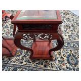 Vintage Chinese Wooden Side Table with Ornate Carved Details, Curved Legs and a Glass Inlay 1980