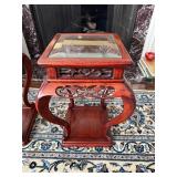 Vintage Chinese Wooden Side Table with Ornate Carved Details, Curved Legs and a Glass Inlay 1980