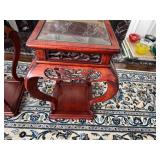 Vintage Chinese Wooden Side Table with Ornate Carved Details, Curved Legs and a Glass Inlay 1980