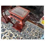 Vintage Chinese Wooden Side Table with Ornate Carved Details, Curved Legs and a Glass Inlay 1980