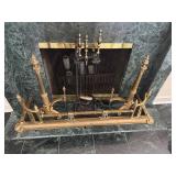 Antique Brass Fireplace Fender, Andiron Set, Fireplace Tool Set, Wrought Iron in Fireplace Log Holder and External Log Holder