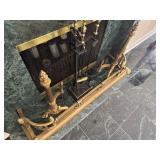 Antique Brass Fireplace Fender, Andiron Set, Fireplace Tool Set, Wrought Iron in Fireplace Log Holder and External Log Holder
