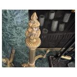 Antique Brass Fireplace Fender, Andiron Set, Fireplace Tool Set, Wrought Iron in Fireplace Log Holder and External Log Holder