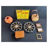 Vintage Decor and Collectibles Lot: Cash for Gold Sign, Pumpkin, Wagon Wheels, Frames, and More