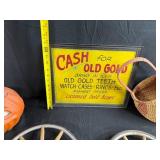 Vintage Decor and Collectibles Lot: Cash for Gold Sign, Pumpkin, Wagon Wheels, Frames, and More