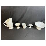 Collection of 5 White Milk Glass Pieces - Pitchers, Dishes, and Bowls