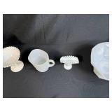 Collection of 5 White Milk Glass Pieces - Pitchers, Dishes, and Bowls