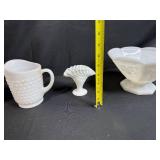 Collection of 5 White Milk Glass Pieces - Pitchers, Dishes, and Bowls