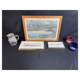 St. Louis Art and Collectibles Set with Framed Prints, Mugs, and Carlisle Stoneware Pitcher