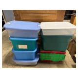 Lot of 8 Plastic Storage Totes with Lids in Assorted Sizes and Colors