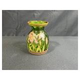 Art Nouveau Style Hand-Enameled Bohemian Hand-Painted Green Glass Vase with Iris Floral Design, 6 Inch