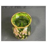 Art Nouveau Style Hand-Enameled Bohemian Hand-Painted Green Glass Vase with Iris Floral Design, 6 Inch
