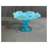 Vintage Art Glass Pieces - Northwood "Button Panels" Blue Ruffled Opalescent Compote and Hand-Blown Purple Amethyst Vase