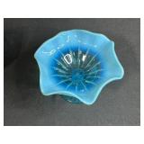 Vintage Art Glass Pieces - Northwood "Button Panels" Blue Ruffled Opalescent Compote and Hand-Blown Purple Amethyst Vase