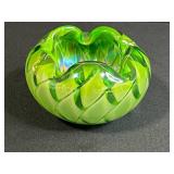 Vibrant Green Handblown Art Glass Bowl with Ruffled Rim - Possibly Moser or Murano