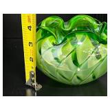 Vibrant Green Handblown Art Glass Bowl with Ruffled Rim - Possibly Moser or Murano
