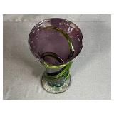 MCM Purple and Green Hand-Blown Glass Vase with Swirl Design, 8 Inches Tall
