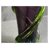 MCM Purple and Green Hand-Blown Glass Vase with Swirl Design, 8 Inches Tall