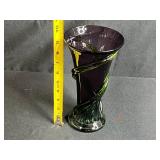 MCM Purple and Green Hand-Blown Glass Vase with Swirl Design, 8 Inches Tall