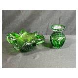 Vintage Green Art Glass Ruffled Bowl and Vase Set