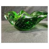 Vintage Green Art Glass Ruffled Bowl and Vase Set
