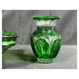 Vintage Green Art Glass Ruffled Bowl and Vase Set