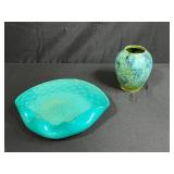 MCM Decorative Murano Like Art Glass Bowl and Brush-McCoy Green Onyx Glazed Pottery Vase Set