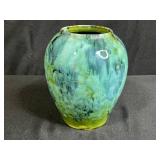 MCM Decorative Murano Like Art Glass Bowl and Brush-McCoy Green Onyx Glazed Pottery Vase Set