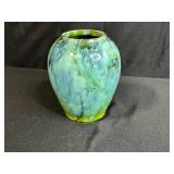 MCM Decorative Murano Like Art Glass Bowl and Brush-McCoy Green Onyx Glazed Pottery Vase Set