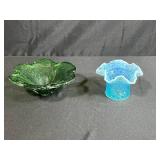 VTG Fenton Blue Opalescent Buttons Ruffle Top Vase & Murano Green Candy Dish Set