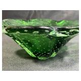 VTG Fenton Blue Opalescent Buttons Ruffle Top Vase & Murano Green Candy Dish Set