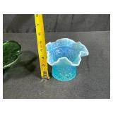 VTG Fenton Blue Opalescent Buttons Ruffle Top Vase & Murano Green Candy Dish Set